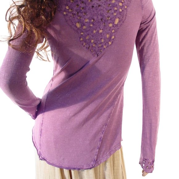 FREE PEOPLE Purple Boho Cutout Long Sleeve Cotton Top Women's S - Picture 5 of 10